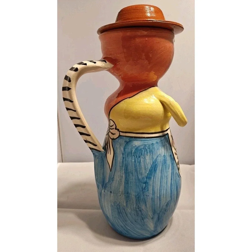 Vintage Portugal Folk Art Clay Woman‎ Pitcher with Hat Lid Hand Painted 12in